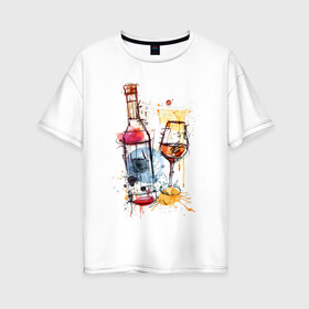 Женская футболка хлопок Oversize с принтом Винишко арт в Петрозаводске, 100% хлопок | свободный крой, круглый ворот, спущенный рукав, длина до линии бедер
 | акварель | бокал | бутылка | вино | винцо | грусть | краски | одна