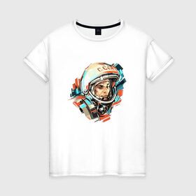 Женская футболка хлопок с принтом Гагарин в Петрозаводске, 100% хлопок | прямой крой, круглый вырез горловины, длина до линии бедер, слегка спущенное плечо | 12 апреля | астронавт | вселенная | день космонавтики | звезды | космонавт | космос | луна | планета | поехали | полет | ссср | юрий