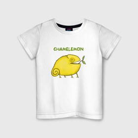 Детская футболка хлопок с принтом Chamelemon в Петрозаводске, 100% хлопок | круглый вырез горловины, полуприлегающий силуэт, длина до линии бедер | веточка | желтый | животные | земноводное | зоопарк | игра слов | кислый | лайм | лимон | лимончик | овощ | природа | фрукт | хамелеон | яркий