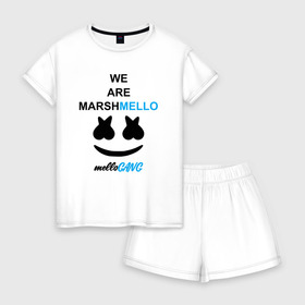 Женская пижама с шортиками хлопок с принтом Marshmello (MELLOGANG) в Петрозаводске, 100% хлопок | футболка прямого кроя, шорты свободные с широкой мягкой резинкой | christopher comstock | dj | marshmello | mellogang | music | диджей | клубная музыка | клубняк | крис комсток | логотип | маршмеллоу | музыка