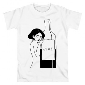 Мужская футболка хлопок с принтом Девушка с бутылкой вина в Петрозаводске, 100% хлопок | прямой крой, круглый вырез горловины, длина до линии бедер, слегка спущенное плечо. | белое | бутылка | вино | винцо | женщина | красное | обнимает | сухое