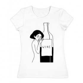 Женская футболка хлопок с принтом Девушка с бутылкой вина в Петрозаводске, 100% хлопок | прямой крой, круглый вырез горловины, длина до линии бедер, слегка спущенное плечо | белое | бутылка | вино | винцо | женщина | красное | обнимает | сухое