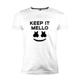 Мужская футболка премиум с принтом KEEP IT MELLO (Marshmello) в Петрозаводске, 92% хлопок, 8% лайкра | приталенный силуэт, круглый вырез ворота, длина до линии бедра, короткий рукав | christopher comstock | dj | keep it mello | marshmello | mello | music | диджей | клубная музыка | клубняк | крис комсток | логотип | маршмеллоу | музыка