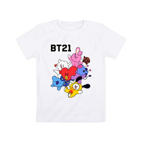 Детская футболка хлопок с принтом BT21 Mascots в Петрозаводске, 100% хлопок | круглый вырез горловины, полуприлегающий силуэт, длина до линии бедер | bangtan boys | bt21mascots | bts | chimmy | cooky | koya | mang | rj | shooky | tata | van