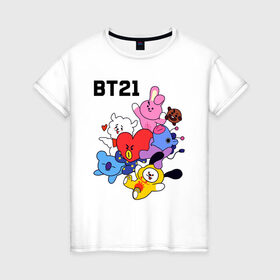 Женская футболка хлопок с принтом BT21 Mascots в Петрозаводске, 100% хлопок | прямой крой, круглый вырез горловины, длина до линии бедер, слегка спущенное плечо | Тематика изображения на принте: bangtan boys | bt21mascots | bts | chimmy | cooky | koya | mang | rj | shooky | tata | van