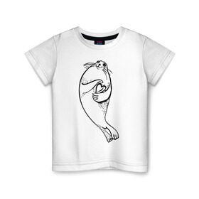 Детская футболка хлопок с принтом Нерпа Нина с Байкалом в Петрозаводске, 100% хлопок | круглый вырез горловины, полуприлегающий силуэт, длина до линии бедер | baikal | irkutsk | байкал | иркутск | нерпа