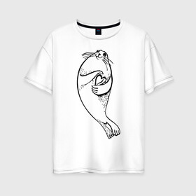 Женская футболка хлопок Oversize с принтом Нерпа Нина с Байкалом в Петрозаводске, 100% хлопок | свободный крой, круглый ворот, спущенный рукав, длина до линии бедер
 | baikal | irkutsk | байкал | иркутск | нерпа