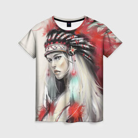 Женская футболка 3D с принтом Индейская девушка в Петрозаводске, 100% полиэфир ( синтетическое хлопкоподобное полотно) | прямой крой, круглый вырез горловины, длина до линии бедер | Тематика изображения на принте: африка | индейцы | куп | перо | перья | этно