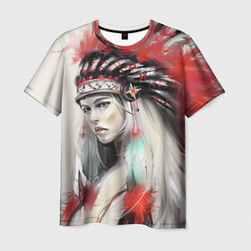 Мужская футболка 3D с принтом Индейская девушка в Петрозаводске, 100% полиэфир | прямой крой, круглый вырез горловины, длина до линии бедер | африка | индейцы | куп | перо | перья | этно