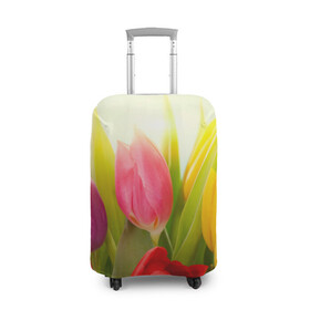 Чехол для чемодана 3D с принтом Тюльпаны в Петрозаводске, 86% полиэфир, 14% спандекс | двустороннее нанесение принта, прорези для ручек и колес | бабушке | девочке | девушке | дочке | желтые цветы | женщине | маме | подруге | природа | розовые цветы | розы | сестре | теще | тюльпаны | цветы