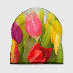 Шапка 3D с принтом Тюльпаны в Петрозаводске, 100% полиэстер | универсальный размер, печать по всей поверхности изделия | бабушке | девочке | девушке | дочке | желтые цветы | женщине | маме | подруге | природа | розовые цветы | розы | сестре | теще | тюльпаны | цветы