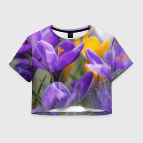 Женская футболка 3D укороченная с принтом Фиолетовые цветы в Петрозаводске, 100% полиэстер | круглая горловина, длина футболки до линии талии, рукава с отворотами | бабушке | девочке | девушке | дочке | желтые цветы | женщине | маме | подруге | природа | розовые цветы | розы | сестре | теще | тюльпаны | цветы