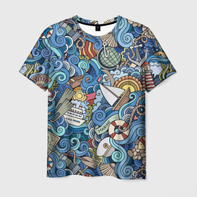 Мужская футболка 3D с принтом Морской коллаж в Петрозаводске, 100% полиэфир | прямой крой, круглый вырез горловины, длина до линии бедер | mari | весло | волны | галька | графика | детский | иллюстрация | канат | карта | картинка | коллаж | компас | корабль | маяк | мода | море | морской | облако | океан | птица | рисунок | рыбы | солнце | стиль