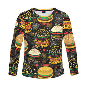 Женский лонгслив 3D с принтом Гамбургеры в Петрозаводске, 100% полиэстер | длинные рукава, круглый вырез горловины, полуприлегающий силуэт | hamburgers | sandwic | булочка | бутерброды | быстрая | гамбургер | гамбургеры | геометрический | графика | еда | зелень | иллюстрация | картинка | кунжут | мода | мясо | надпись | орнамент | рисунок | свежий