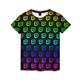 Женская футболка 3D с принтом Twitch в Петрозаводске, 100% полиэфир ( синтетическое хлопкоподобное полотно) | прямой крой, круглый вырез горловины, длина до линии бедер | game | gamer | logo | twitch | twitties | градиент | игры | логотип | стрим | твитч | текстура