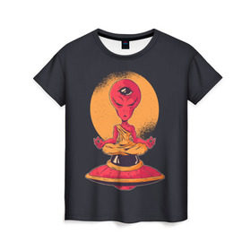Женская футболка 3D с принтом Пришелец в Петрозаводске, 100% полиэфир ( синтетическое хлопкоподобное полотно) | прямой крой, круглый вырез горловины, длина до линии бедер | alien | ufo | инопланетяне | инопланетянин | медитация | нло | пришелец | пришельцы