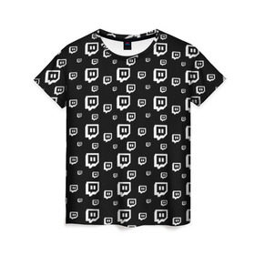 Женская футболка 3D с принтом Twitch в Петрозаводске, 100% полиэфир ( синтетическое хлопкоподобное полотно) | прямой крой, круглый вырез горловины, длина до линии бедер | black and white | game | gamer | logo | pattern | twitch | twitties | игры | логотип | паттерн | стрим | твитч | текстура | черно белый