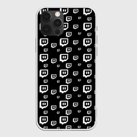 Чехол для iPhone 12 Pro с принтом Twitch в Петрозаводске, силикон | область печати: задняя сторона чехла, без боковых панелей | Тематика изображения на принте: black and white | game | gamer | logo | pattern | twitch | twitties | игры | логотип | паттерн | стрим | твитч | текстура | черно белый