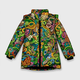 Зимняя куртка для девочек 3D с принтом Тибетский коллаж в Петрозаводске, ткань верха — 100% полиэстер; подклад — 100% полиэстер, утеплитель — 100% полиэстер. | длина ниже бедра, удлиненная спинка, воротник стойка и отстегивающийся капюшон. Есть боковые карманы с листочкой на кнопках, утяжки по низу изделия и внутренний карман на молнии. 

Предусмотрены светоотражающий принт на спинке, радужный светоотражающий элемент на пуллере молнии и на резинке для утяжки. | ti | ананас | архитектура | будда | графика | деревья | зелень | земля | змея | иллюстрация | картинка | кокосы | коллаж | купола | листья | мода | орнамент | пальмы | рисунок | священная | стиль | узоры