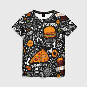 Женская футболка 3D с принтом Fast food в Петрозаводске, 100% полиэфир ( синтетическое хлопкоподобное полотно) | прямой крой, круглый вырез горловины, длина до линии бедер | fast | food | hambu | булочка | бутерброды | быстрое | гамбургеры | графика | еда | зелень | иллюстрация | картинка | кунжут | мода | мясо | надпись | орнамент | питание | пицца | пончики | рисунок | свежий