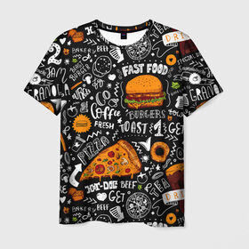 Мужская футболка 3D с принтом Fast food в Петрозаводске, 100% полиэфир | прямой крой, круглый вырез горловины, длина до линии бедер | fast | food | hambu | булочка | бутерброды | быстрое | гамбургеры | графика | еда | зелень | иллюстрация | картинка | кунжут | мода | мясо | надпись | орнамент | питание | пицца | пончики | рисунок | свежий