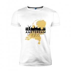 Мужская футболка премиум с принтом Амстердам - Голландия в Петрозаводске, 92% хлопок, 8% лайкра | приталенный силуэт, круглый вырез ворота, длина до линии бедра, короткий рукав | 
