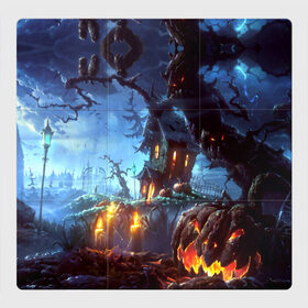 Магнитный плакат 3Х3 с принтом Хэллоуин в Петрозаводске, Полимерный материал с магнитным слоем | 9 деталей размером 9*9 см | candles | d | fear | forest | halloween | horror | hut | night | pumpkin | ворота | глаза | железные | забор | изба | иллюстрация | картинка | красные | лес | мода | молния | ночь | облака | праздник | рисунок | свечи | серый | совы