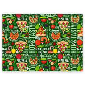 Поздравительная открытка с принтом Итальянская пицца в Петрозаводске, 100% бумага | плотность бумаги 280 г/м2, матовая, на обратной стороне линовка и место для марки
 | Тематика изображения на принте: бекон | вкусная | волны | грибы | доля | еда | зелень | ингредиенты | искусство | италия | итальянская | ковёр | колбаса | кори | креветки | курица | лук | мясо | натуральная | оливки | орнамент | перец
