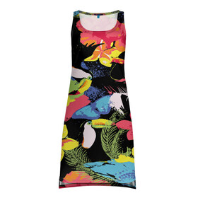 Платье-майка 3D с принтом ЦВЕТНАЯ ФУТБОЛКА в Петрозаводске, 100% полиэстер | полуприлегающий силуэт, широкие бретели, круглый вырез горловины, удлиненный подол сзади. | попугай | цветная | цветы