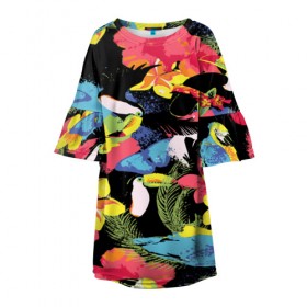 Детское платье 3D с принтом ЦВЕТНАЯ ФУТБОЛКА в Петрозаводске, 100% полиэстер | прямой силуэт, чуть расширенный к низу. Круглая горловина, на рукавах — воланы | Тематика изображения на принте: попугай | цветная | цветы