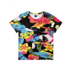 Детская футболка 3D с принтом ЦВЕТНАЯ ФУТБОЛКА в Петрозаводске, 100% гипоаллергенный полиэфир | прямой крой, круглый вырез горловины, длина до линии бедер, чуть спущенное плечо, ткань немного тянется | попугай | цветная | цветы