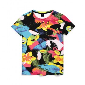 Женская футболка 3D с принтом ЦВЕТНАЯ ФУТБОЛКА в Петрозаводске, 100% полиэфир ( синтетическое хлопкоподобное полотно) | прямой крой, круглый вырез горловины, длина до линии бедер | попугай | цветная | цветы