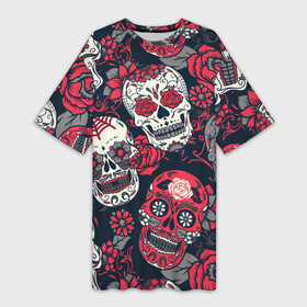 Платье-футболка 3D с принтом Мексиканские черепа в Петрозаводске,  |  | графика | день мертвых | знак | иллюстрация | искусство | картинка | мексика | мексиканские | мода | национальный | орнамент | паутина | поминки | праздник | рисунок | розы | ромашки | символ | стиль