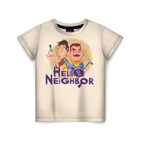 Детская футболка 3D с принтом Hello Neighbor в Петрозаводске, 100% гипоаллергенный полиэфир | прямой крой, круглый вырез горловины, длина до линии бедер, чуть спущенное плечо, ткань немного тянется | Тематика изображения на принте: hello | horror | neighbor | survival | дом | нейбор | паркура | привет | сосед | стратегия | хеллоу