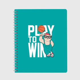 Тетрадь с принтом Play to win в Петрозаводске, 100% бумага | 48 листов, плотность листов — 60 г/м2, плотность картонной обложки — 250 г/м2. Листы скреплены сбоку удобной пружинной спиралью. Уголки страниц и обложки скругленные. Цвет линий — светло-серый
 | баскетбол | баскетбольный | бейсболка | графика | животное | зелёный | играй | иллюстрация | картинка | комбинезон | кот | кроссовки | крутит | мода | мяч | на пальце | надпись | очки | победы | ради