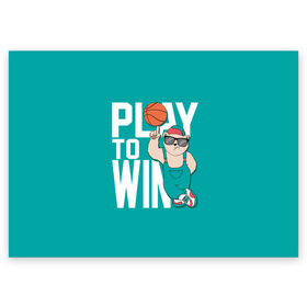 Поздравительная открытка с принтом Play to win в Петрозаводске, 100% бумага | плотность бумаги 280 г/м2, матовая, на обратной стороне линовка и место для марки
 | Тематика изображения на принте: баскетбол | баскетбольный | бейсболка | графика | животное | зелёный | играй | иллюстрация | картинка | комбинезон | кот | кроссовки | крутит | мода | мяч | на пальце | надпись | очки | победы | ради