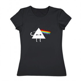 Женская футболка хлопок с принтом Kawaii Pink Floyd в Петрозаводске, 100% хлопок | прямой крой, круглый вырез горловины, длина до линии бедер, слегка спущенное плечо | anime | аниме | выстрел | лапочка | логотип | луч | милый | мимими | музыка | пистолет | прелесть | призма | радуга | рок | свет | треугольник