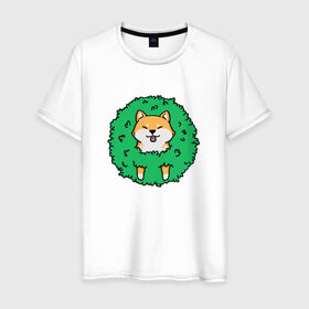 Мужская футболка хлопок с принтом Bush Shiba Inu в Петрозаводске, 100% хлопок | прямой крой, круглый вырез горловины, длина до линии бедер, слегка спущенное плечо. | акита | аниме | зелень | китай | куст | милый | пес | песик | собака | собачка | щенок | япония