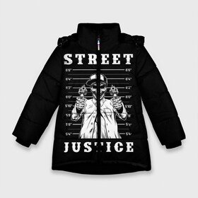 Зимняя куртка для девочек 3D с принтом Street justice в Петрозаводске, ткань верха — 100% полиэстер; подклад — 100% полиэстер, утеплитель — 100% полиэстер. | длина ниже бедра, удлиненная спинка, воротник стойка и отстегивающийся капюшон. Есть боковые карманы с листочкой на кнопках, утяжки по низу изделия и внутренний карман на молнии. 

Предусмотрены светоотражающий принт на спинке, радужный светоотражающий элемент на пуллере молнии и на резинке для утяжки. | justice | s | skeleton | skull | street | банда | бандана | бандит | бейсболка | графика | иллюстрация | картинка | мода | надпись | оружие | пистолеты | платок | револьверы | рисунок | символ | скелет | справедливость