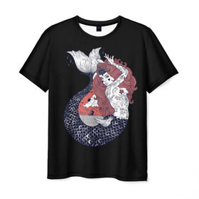 Мужская футболка 3D с принтом Русалка в Петрозаводске, 100% полиэфир | прямой крой, круглый вырез горловины, длина до линии бедер | акула | взгляд | вода | волосы | глубина | девушка | длинные | женщина | звезды | корабль | кости | красная | маяк | море | небо | океан | роковая | русалки | рыба | рыжая | солнце | тату | татуировки | тонет