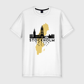 Мужская футболка хлопок Slim с принтом Стокгольм - Швеция в Петрозаводске, 92% хлопок, 8% лайкра | приталенный силуэт, круглый вырез ворота, длина до линии бедра, короткий рукав | Тематика изображения на принте: adventure | city | sweden | travel | world | город | государство | европа | жизнь | карта | культура | люди | мир | народ | памят | партиот | планета | приключение | путешествие | спорт | ссср | стокгольм | столица | страна
