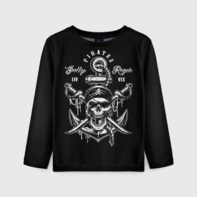 Детский лонгслив 3D с принтом Pirates в Петрозаводске, 100% полиэстер | длинные рукава, круглый вырез горловины, полуприлегающий силуэт
 | b | pirates | robbers | sea | skull | бандана | веселый | графика | иллюстрация | канат | картинка | кости | логотип | мода | морские | надпись | оружие | пираты | платок | разбойники | рисунок | роджер | сабли | стиль