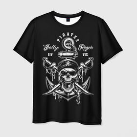 Мужская футболка 3D с принтом Pirates в Петрозаводске, 100% полиэфир | прямой крой, круглый вырез горловины, длина до линии бедер | Тематика изображения на принте: b | pirates | robbers | sea | skull | бандана | веселый | графика | иллюстрация | канат | картинка | кости | логотип | мода | морские | надпись | оружие | пираты | платок | разбойники | рисунок | роджер | сабли | стиль