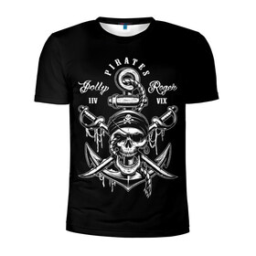 Мужская футболка 3D спортивная с принтом Pirates в Петрозаводске, 100% полиэстер с улучшенными характеристиками | приталенный силуэт, круглая горловина, широкие плечи, сужается к линии бедра | Тематика изображения на принте: b | pirates | robbers | sea | skull | бандана | веселый | графика | иллюстрация | канат | картинка | кости | логотип | мода | морские | надпись | оружие | пираты | платок | разбойники | рисунок | роджер | сабли | стиль