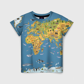 Детская футболка 3D с принтом Карта мира в Петрозаводске, 100% гипоаллергенный полиэфир | прямой крой, круглый вырез горловины, длина до линии бедер, чуть спущенное плечо, ткань немного тянется | азия | акулы | америка | антарктида | бизон | волк | европа | животные | зебра | кабан | карта | киты | лама | лев | лось | материки | медведь | мира | моржи | моря | океаны | пингвины | птицы | реки | рыбы
