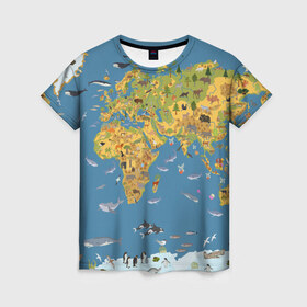 Женская футболка 3D с принтом Карта мира в Петрозаводске, 100% полиэфир ( синтетическое хлопкоподобное полотно) | прямой крой, круглый вырез горловины, длина до линии бедер | азия | акулы | америка | антарктида | бизон | волк | европа | животные | зебра | кабан | карта | киты | лама | лев | лось | материки | медведь | мира | моржи | моря | океаны | пингвины | птицы | реки | рыбы