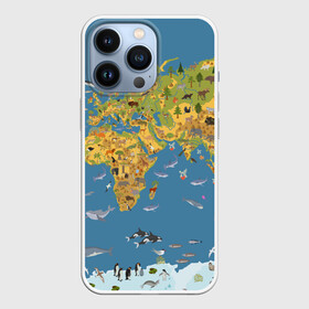 Чехол для iPhone 13 Pro с принтом Карта мира в Петрозаводске,  |  | азия | акулы | америка | антарктида | бизон | волк | европа | животные | зебра | кабан | карта | киты | лама | лев | лось | материки | медведь | мира | моржи | моря | океаны | пингвины | птицы | реки | рыбы
