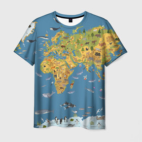 Мужская футболка 3D с принтом Карта мира в Петрозаводске, 100% полиэфир | прямой крой, круглый вырез горловины, длина до линии бедер | Тематика изображения на принте: азия | акулы | америка | антарктида | бизон | волк | европа | животные | зебра | кабан | карта | киты | лама | лев | лось | материки | медведь | мира | моржи | моря | океаны | пингвины | птицы | реки | рыбы