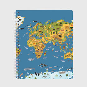 Тетрадь с принтом Карта мира в Петрозаводске, 100% бумага | 48 листов, плотность листов — 60 г/м2, плотность картонной обложки — 250 г/м2. Листы скреплены сбоку удобной пружинной спиралью. Уголки страниц и обложки скругленные. Цвет линий — светло-серый
 | Тематика изображения на принте: азия | акулы | америка | антарктида | бизон | волк | европа | животные | зебра | кабан | карта | киты | лама | лев | лось | материки | медведь | мира | моржи | моря | океаны | пингвины | птицы | реки | рыбы