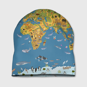 Шапка 3D с принтом Карта мира в Петрозаводске, 100% полиэстер | универсальный размер, печать по всей поверхности изделия | азия | акулы | америка | антарктида | бизон | волк | европа | животные | зебра | кабан | карта | киты | лама | лев | лось | материки | медведь | мира | моржи | моря | океаны | пингвины | птицы | реки | рыбы